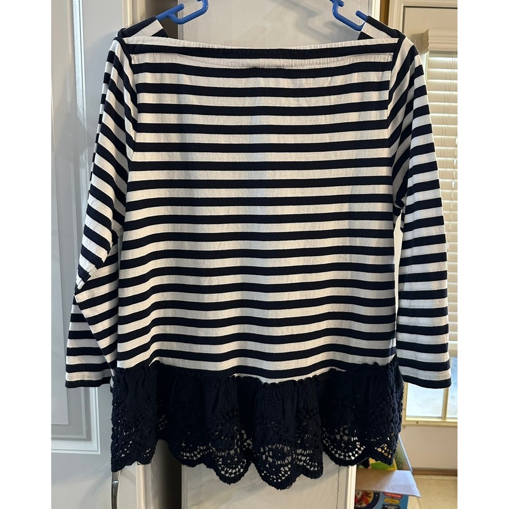 Crown & Ivy‎ Women's Striped Lace Trim Top Navy White Long Sleeve Size Large - Picture 4 of 6